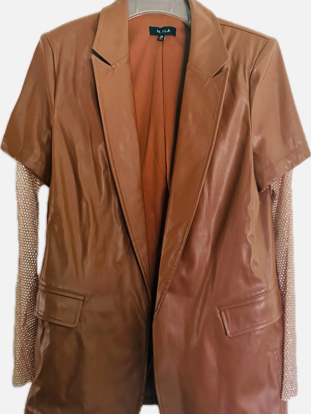 Women's Brown Faux Leather Blazer With Mesh Rhinestone Sleeves
